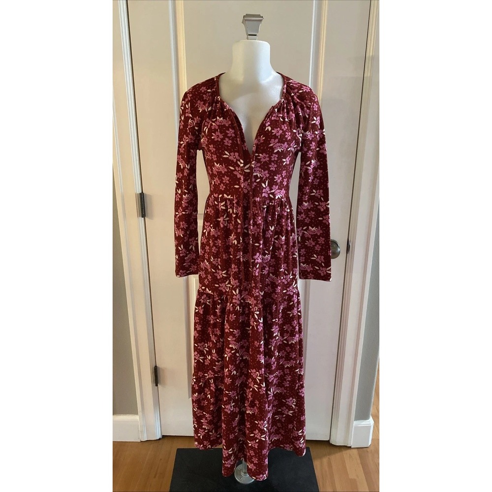 Free People Tiers of Joy Dress Size XS Burgundy Pink Floral Long Sleeve Midi